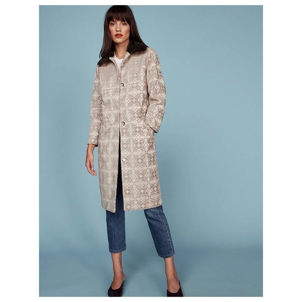Reformation cream gold and brown faux fur collar embroidery coat NEW